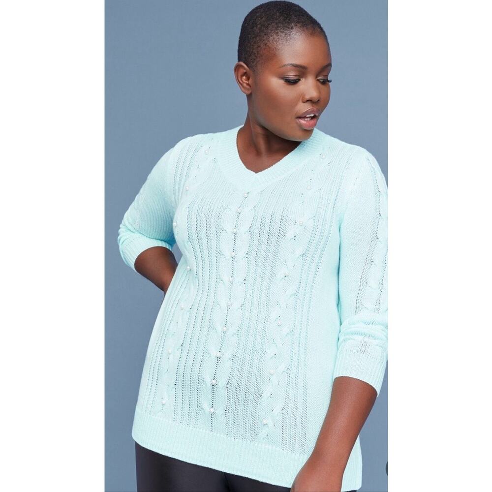 Lane Bryant Sweater 14/16 Mint Green With Pearls V-Neck EUC